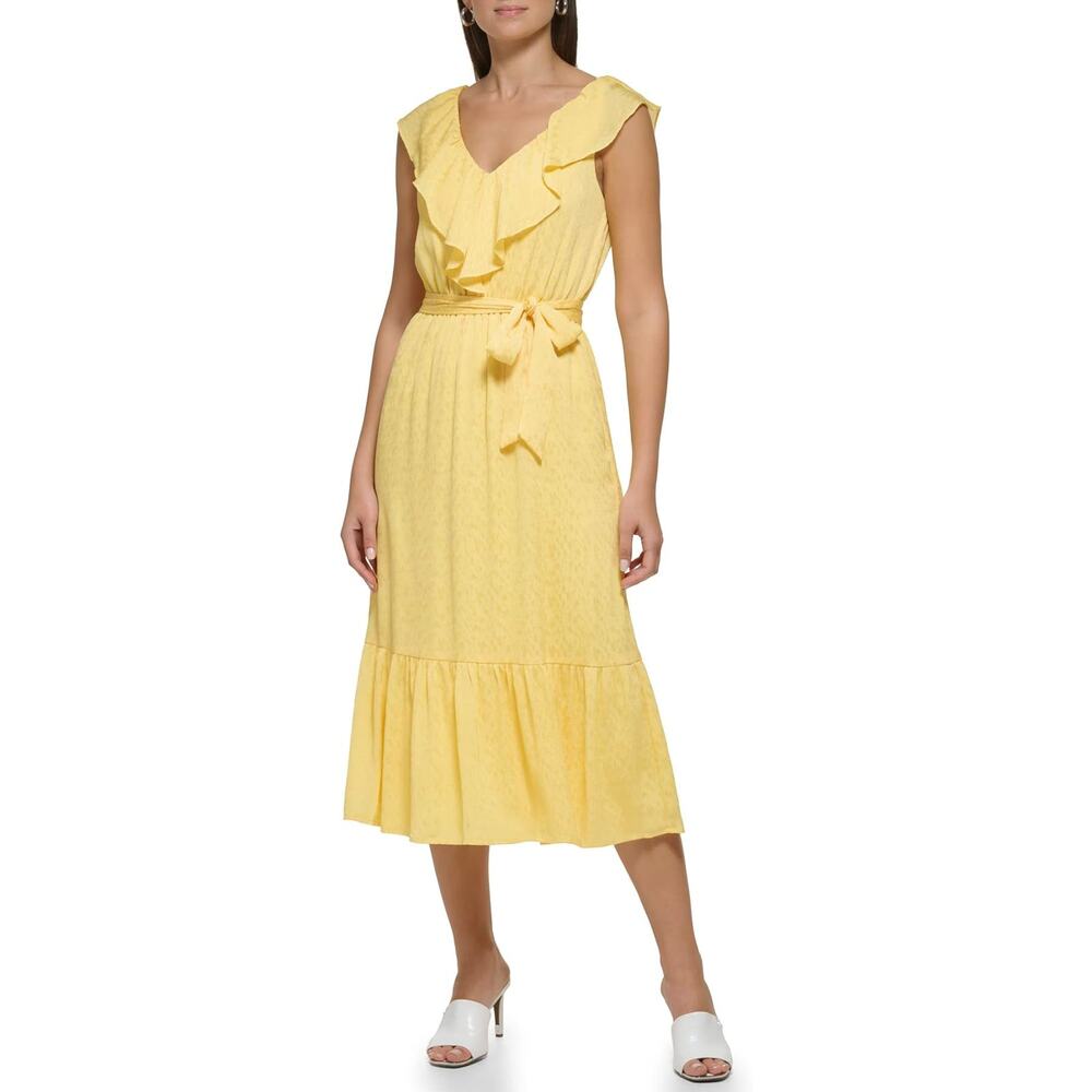 DKNY Yellow Ruffle V-Neck Midi Dress